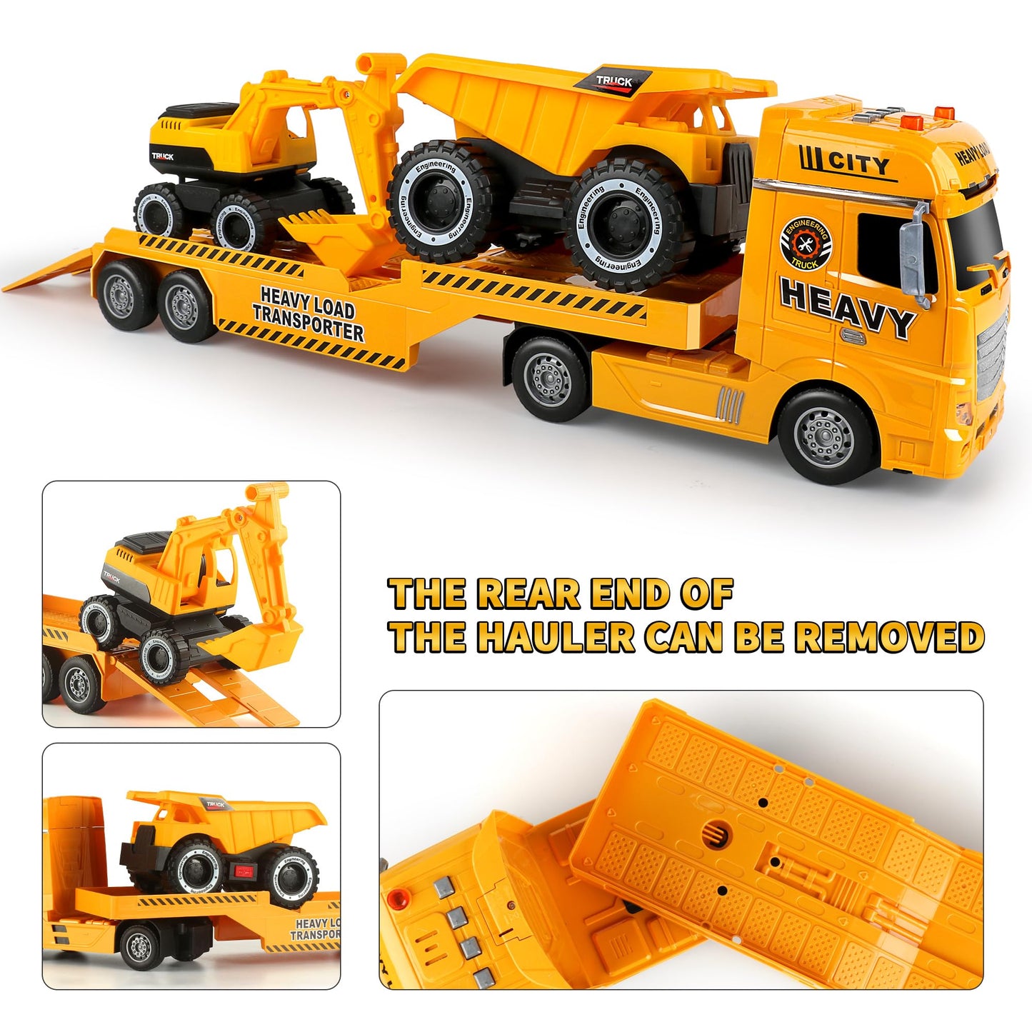 Dwi Dowellin Construction Carrier Truck Toy, 25.6" Excavator & Dump Truck, Yellow, Model 666-68F, for Kids Ages 3-6+