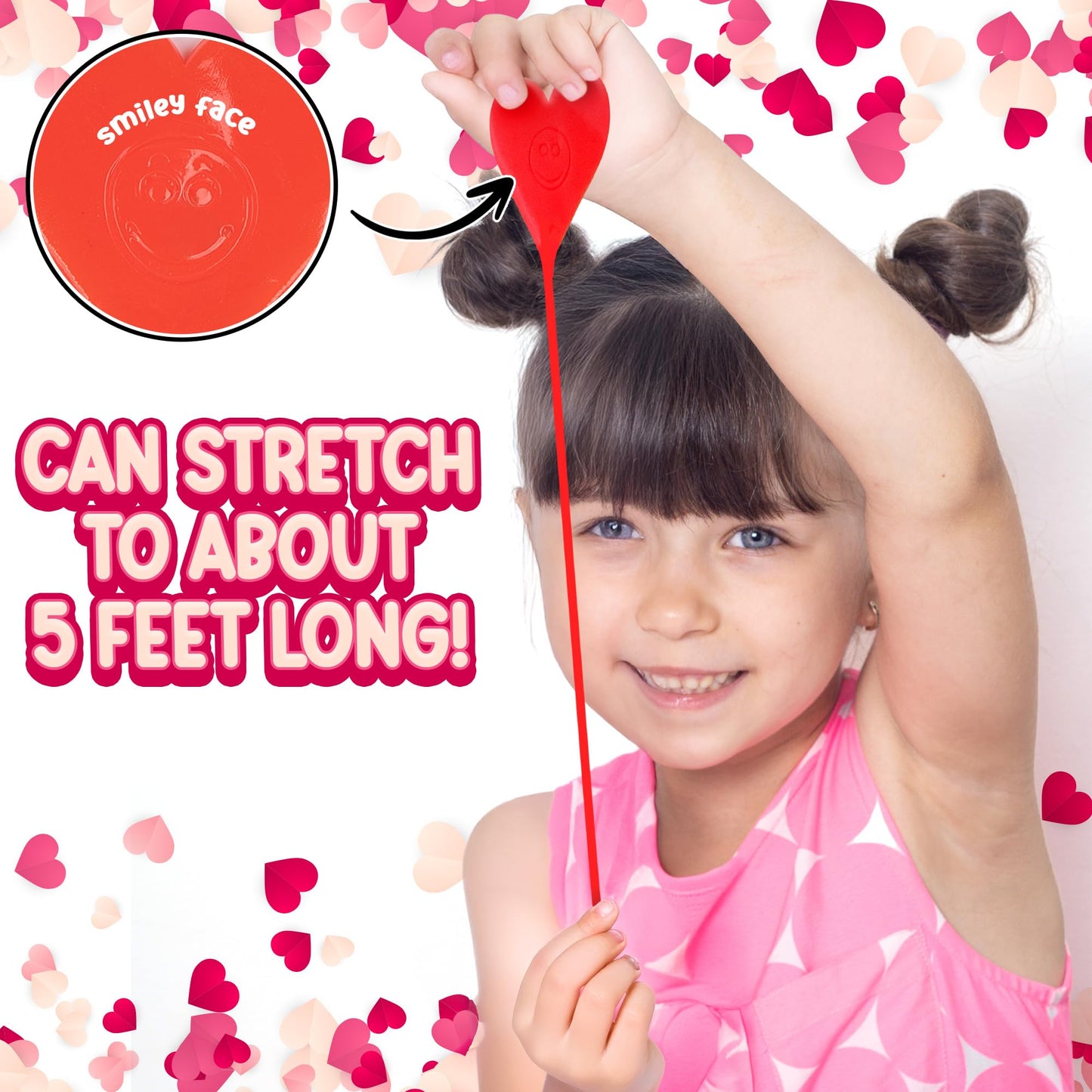 ArtCreativity Sticky Heart Strings - Set of 48 - Valentines Day Heart Sticky Toy with Smiley Face - Valentines Sticky Hands for