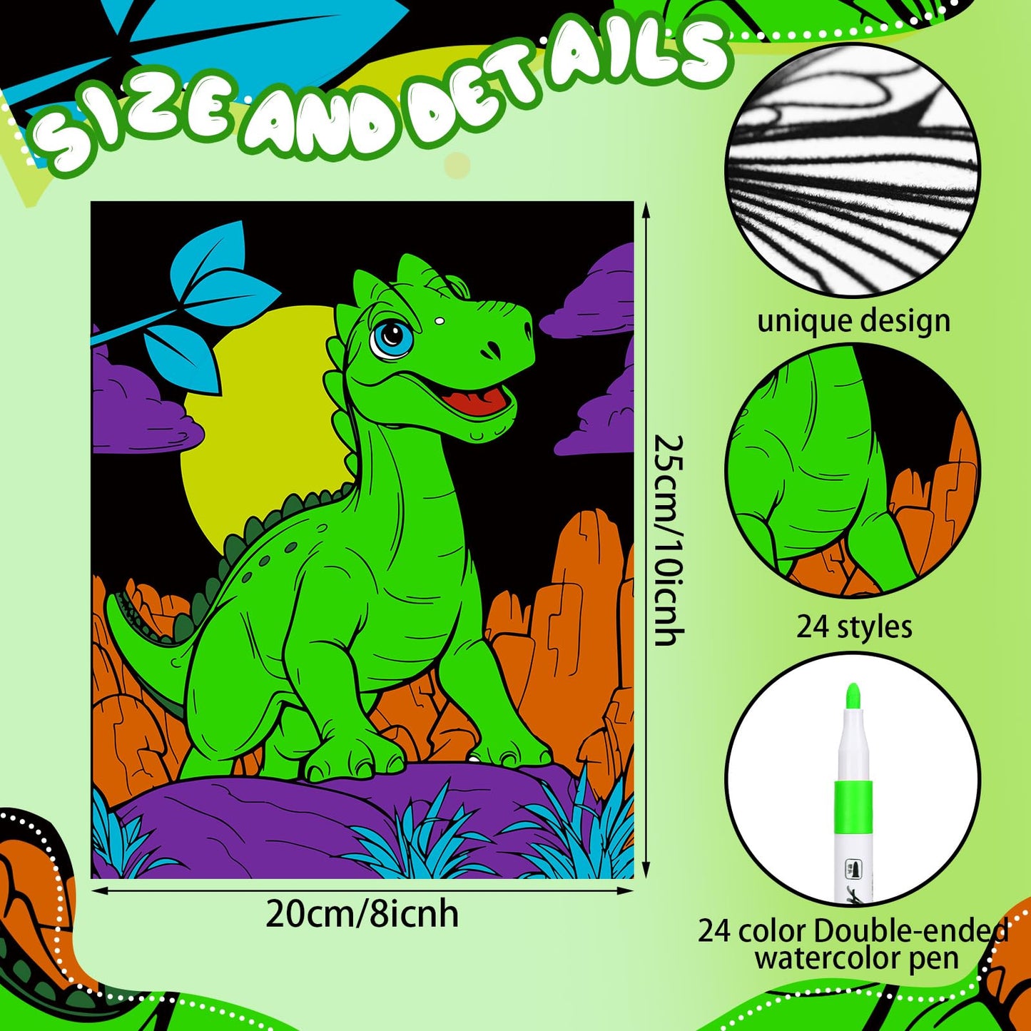 Zhanmai 48 Pack of 8 x 10 Inches Back to School Dinosaur Velvet Coloring Posters Party Favors and 24 Pcs Watercolor Pens for Adu