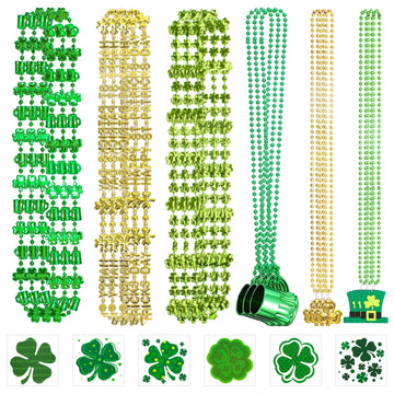 Whaline 18Pcs St. Patrick'S Day Bead Necklaces And 30Pcs Shamrock Tattoo Stickers Green Gold Pendant Necklaces Bundle For Irish