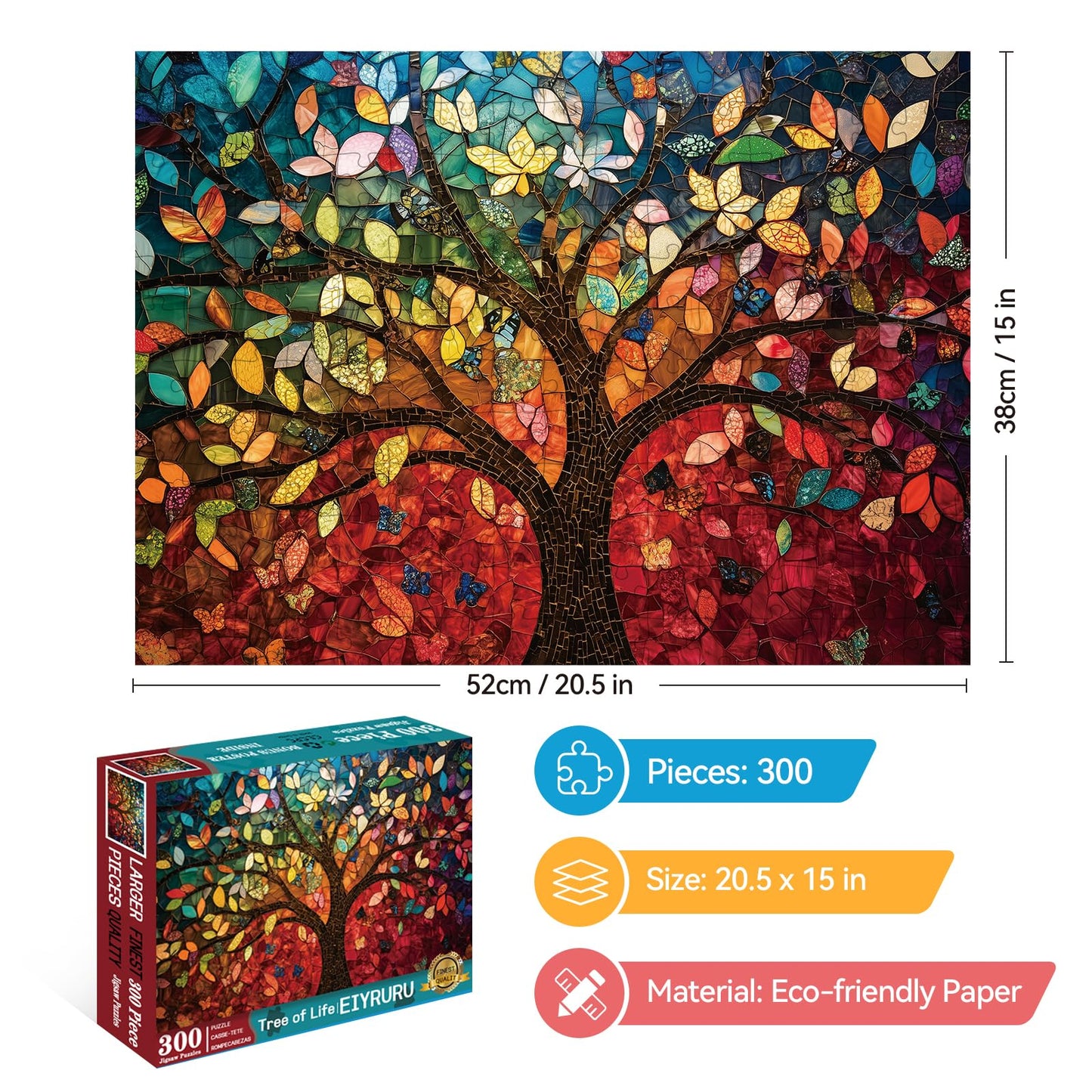 EIYRURU 300 Pieces Stained Glass Puzzle for mature-themeds Colorful Mosaic Tree of Life Jigsaw Puzzle Large Piece for Kids mature-themeds Seniors Challenging Puzzle & Perfect Family Game (20.5 x 15 in)