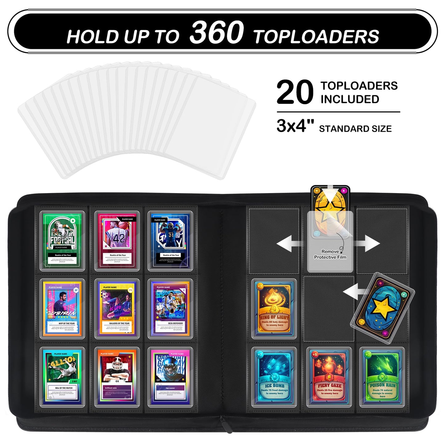 WITHYU Toploader Binder 9 Pocket for 3x4 Rigid Cards  Holds 360 Pockets with 20 Toploaders Included  Trading Card Binder Album for TCG MTG Sports Collection (Black)