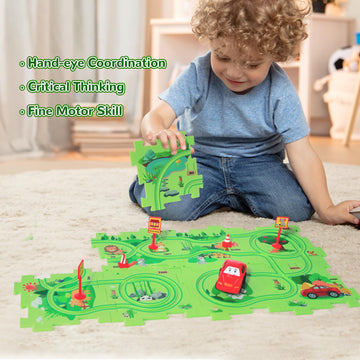 Xazastov Puzzle Track Car Play Set, Plastic Floor Puzzles For Kids With Vehicles, 2 3 4 5 6 Year Oold Boy Toys Gift, Toys For 2