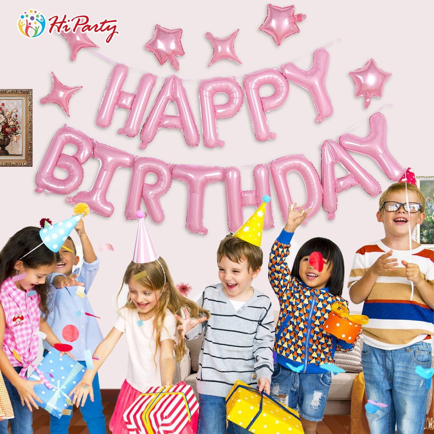 Pink Birthday Banner, 3D Mylar Foil Happy Birthday Balloons, 24Pcs Birthday Party Decorations With 6Pcs Star Balloons For Kids G