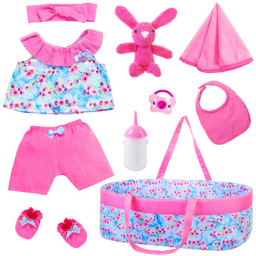 Ecore Fun 10 Pcs Baby Doll Clothes With Bassinet For 17-22 Inch Baby Dolls, Baby Doll Clothing Outfis Accessories Fit 17'-22' Baby Doll Reborn Doll