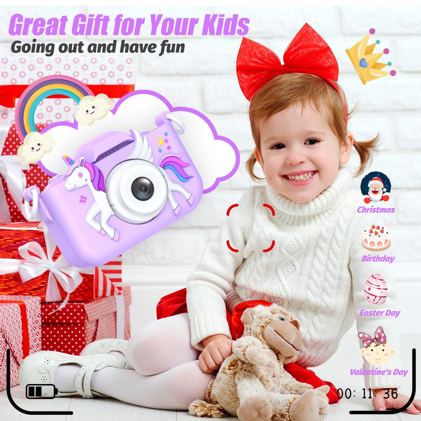 2024 Upgrade Unicorn Kids Camera For Girls, Christmas Birthday Gift For Girls Boys, 1080P Hd Selfie Digital Video Camera For Tod