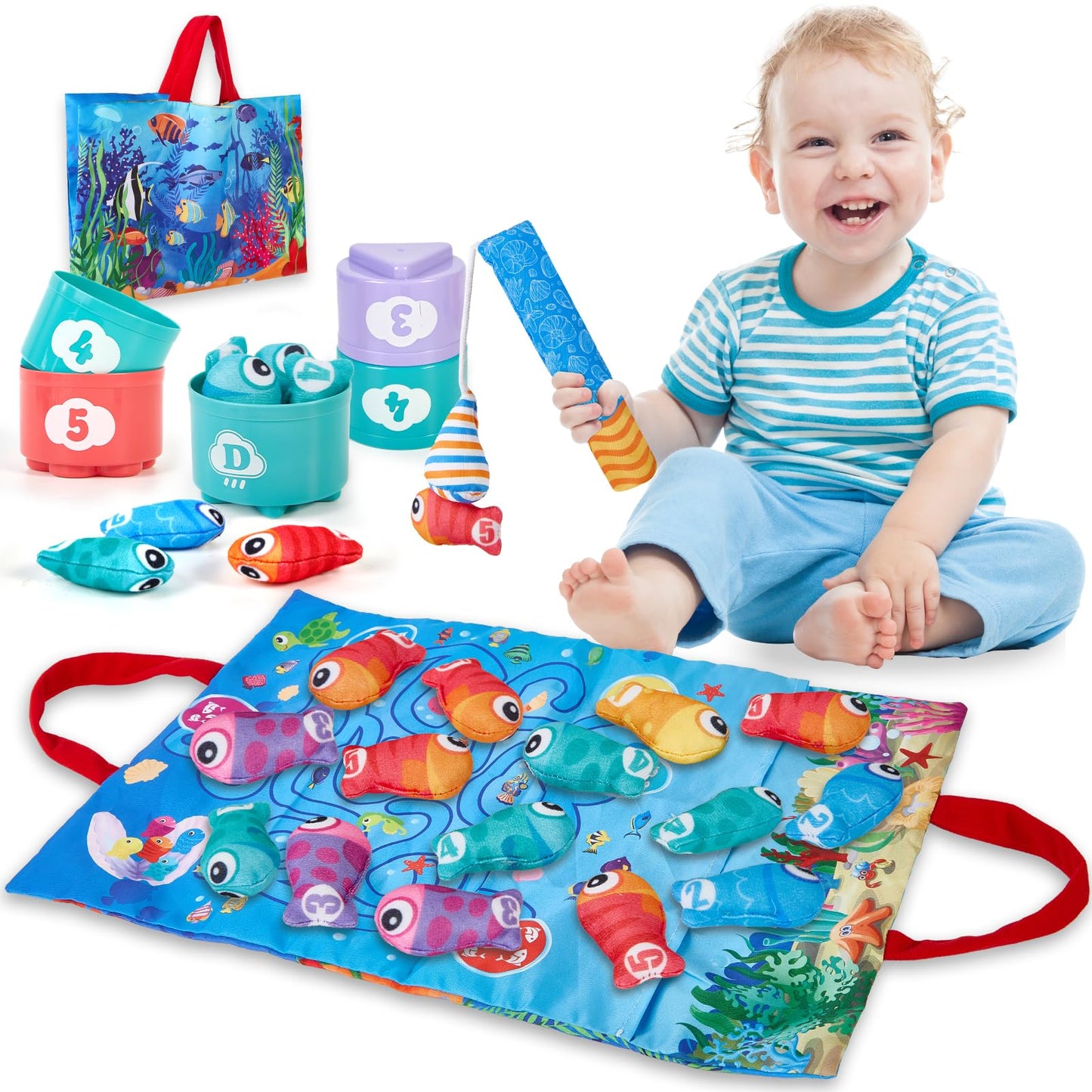 Metyniete Toddler Toys Montessori Toys For 1 2 Year Old Boy Girl Birthday Gift Fabric Fishing Game For Toddlers 1-3 Toys With St