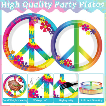 96 Pcs 60'S Hippie Party Supplies For 24 Guests Groovy Tie Dye Birthday Tableware Set Plates Napkins Retro Peace Sign Flower Party Decorations For Girls Carnival Baby Shower Party Favors