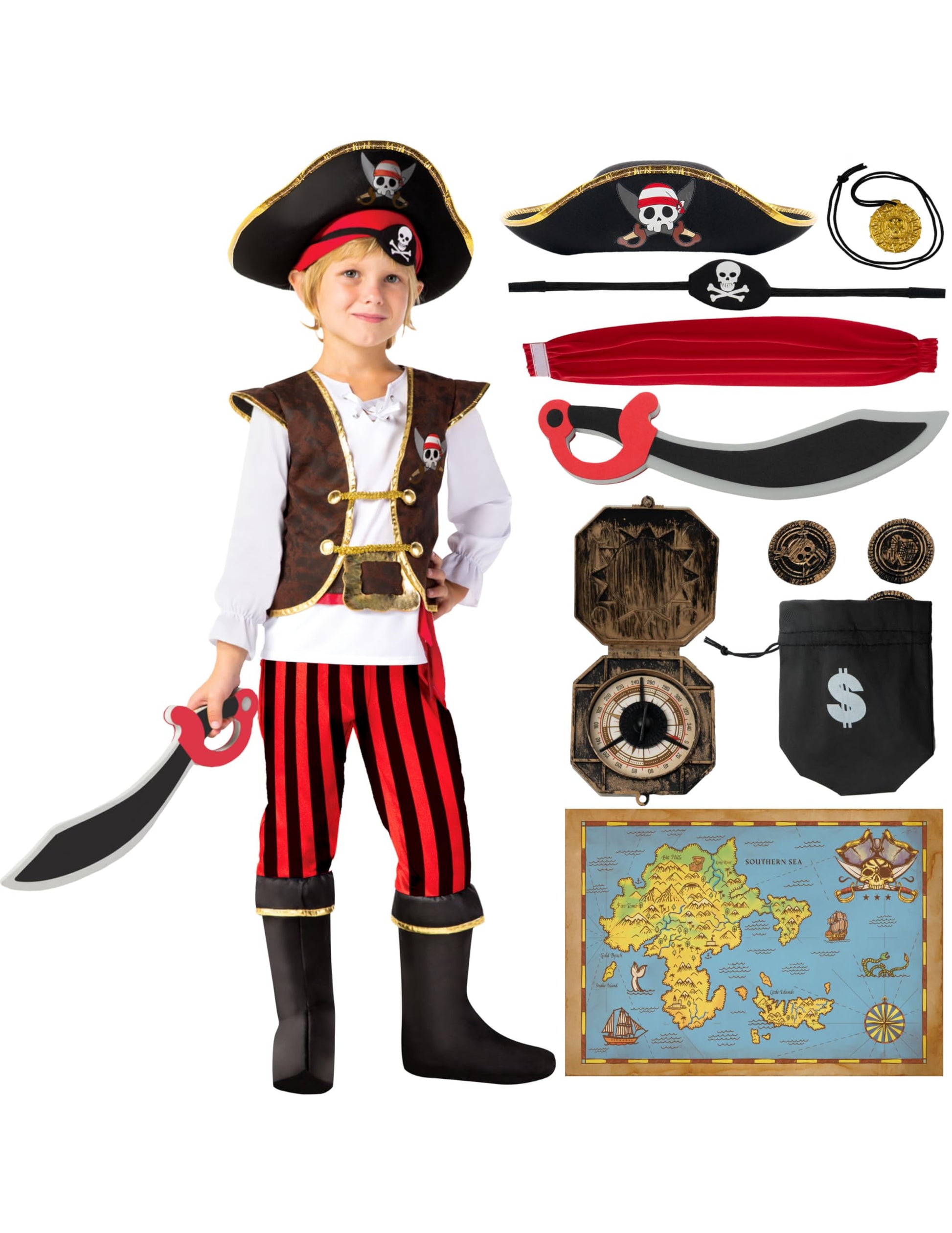 Spooktacular Creations Pirate Costume for Kids  Boys Classic Brown Pirate Outfit Deluxe Set with Toy Accessories for Toddler Halloween Pretend Roleplay Themed Party (Small  5-7 yrs)