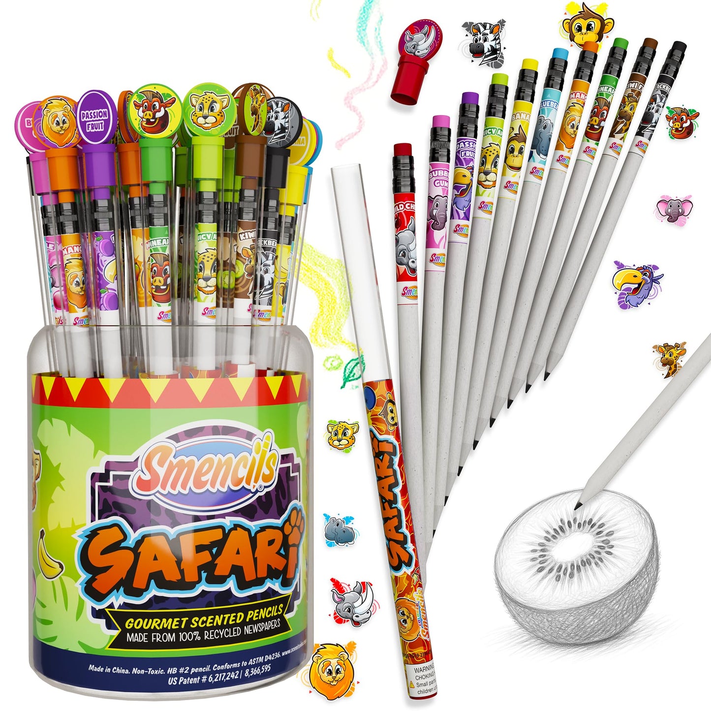 Safari Smencils Cylinder - Hb #2 Scented Pencils, 50 Count, Gifts For Kids, Classroom Rewards, Party Favors, Stuffers