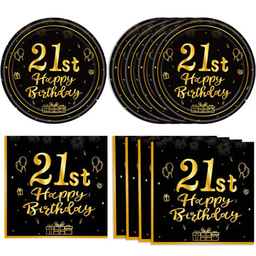 40 Pcs 21St Birthday Decorations Happy Birthday Decorations 21 Years Tableware Table Decorations Black Gold 21St Birthday Plates