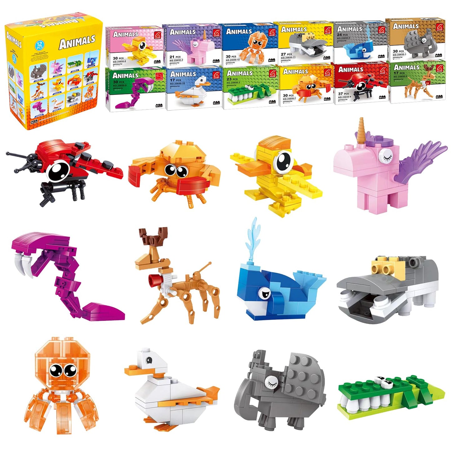Jellydog Toy Party Favors For Kids,12Pcs Mini Building Blocks Animal, Building Sets Stem Toys, Assorted Building Blocks Sets For Birthday Party Gift,Goodie Bags, Prize,Cake Topper