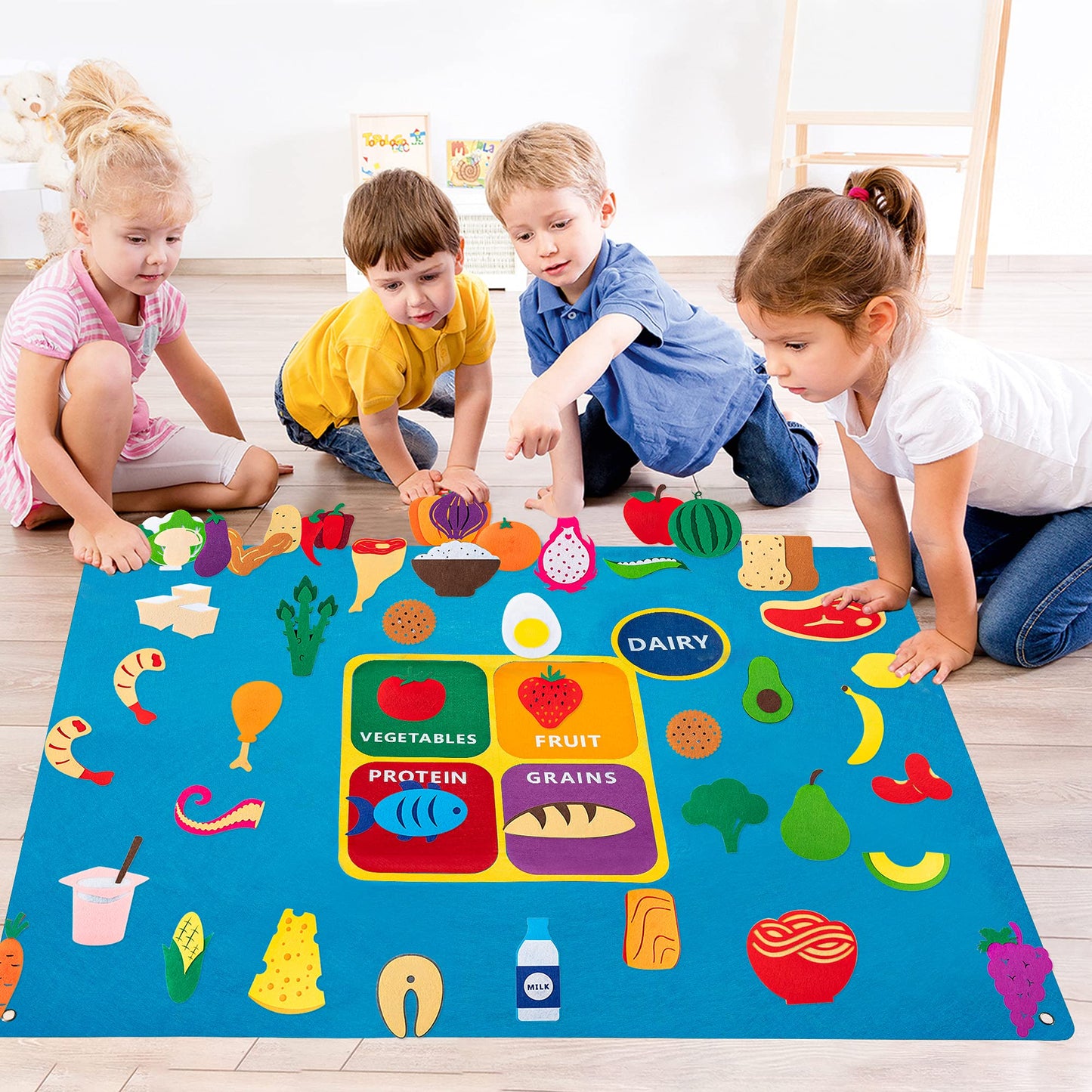 WATINC My Plate Felt Board - 53Pcs Healthy Eating Set, Large Blue Flannel Board for Kids, Preschool Educational Toy