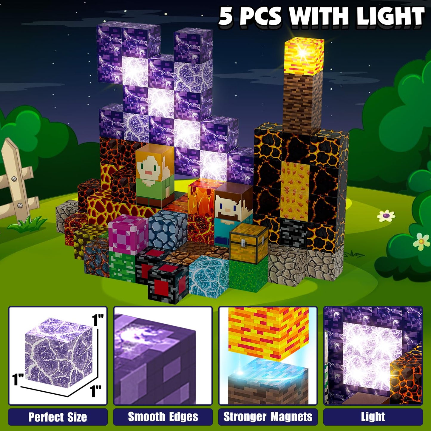 AIDYVOI Magnetic Blocks Building Toys Set  Magnetic Building Blocks STEM Construction Toys  3D decorative replica blade Light Up Magnet Cubes Montessori Sensory Stacking Toy for Toddlers Age 3 4 5 6 7 8