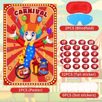 Circus Games Pin The Nose On The Clown Carnival Party Games For Kids Clown Party Supplies Circus Themed Birthday Party Decorations, Large Clown Games Poster With 32 Nose Stickers