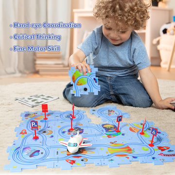 Xazastov Plastic Floor Puzzles For Kids With Airplane Toy Car, Puzzle Track Car Play Set, Educational Toys For 2 3 4 5 6 Year Ol