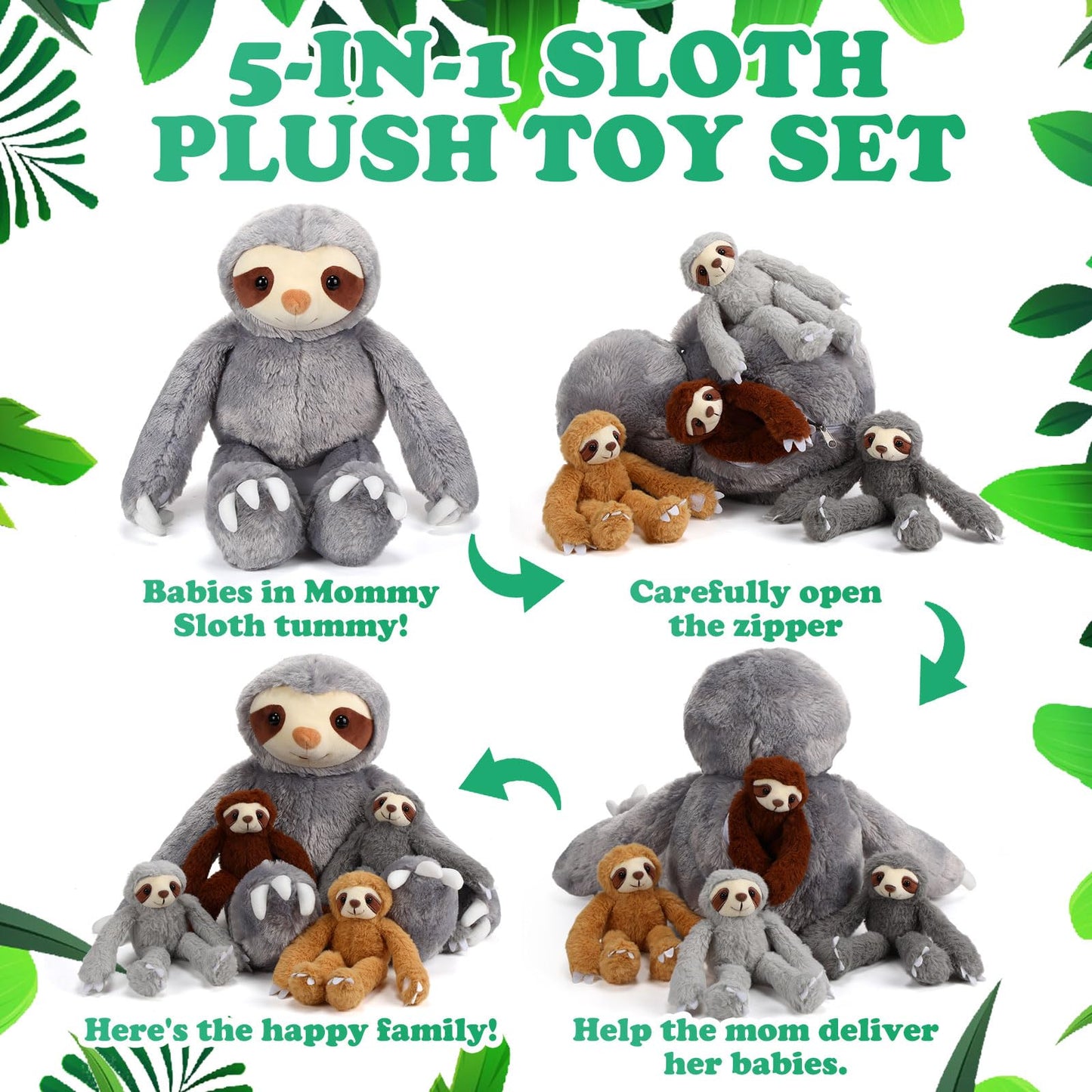 Libima 5 Pcs Valentine'S Day Gift Plush Sloth Animals 22.4 Inch Giant Stuffed Mommy Sloth Plush Toy With 4 Babies In Her Belly C