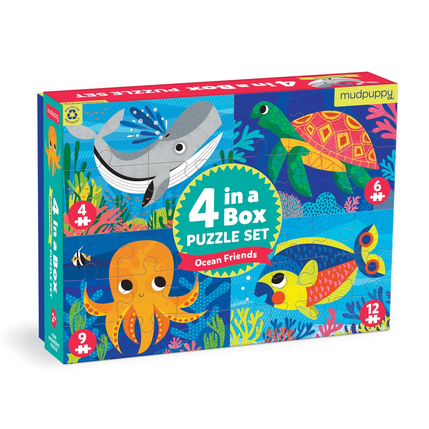 Mudpuppy Ocean Friends 4-In-A-Box Puzzle Set From Mudpuppy, Includes 4 Progressive Jigsaw Puzzles For Kids With 4-12 Pieces, Col