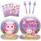 100 Pcs Axolotl Birthday Party Supplies Pink Axolotl Disposable Paper Plates Forks Tableware Sets Cute Cartoon Reptile Animals H