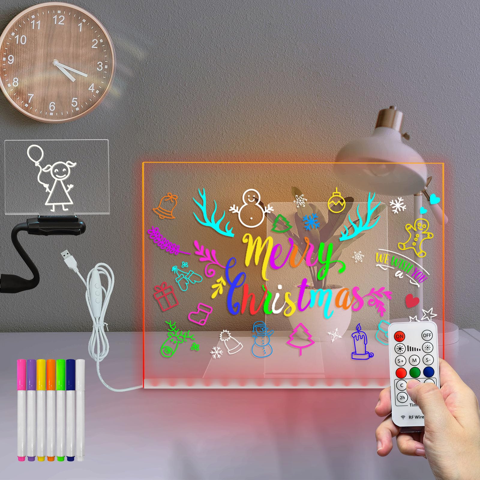 Masshomi 15 * 11 inch 7 Color Change LED Glowing Message Acrylic Writing Board dimming Remote Control Timer Plug in 7 Color Mark