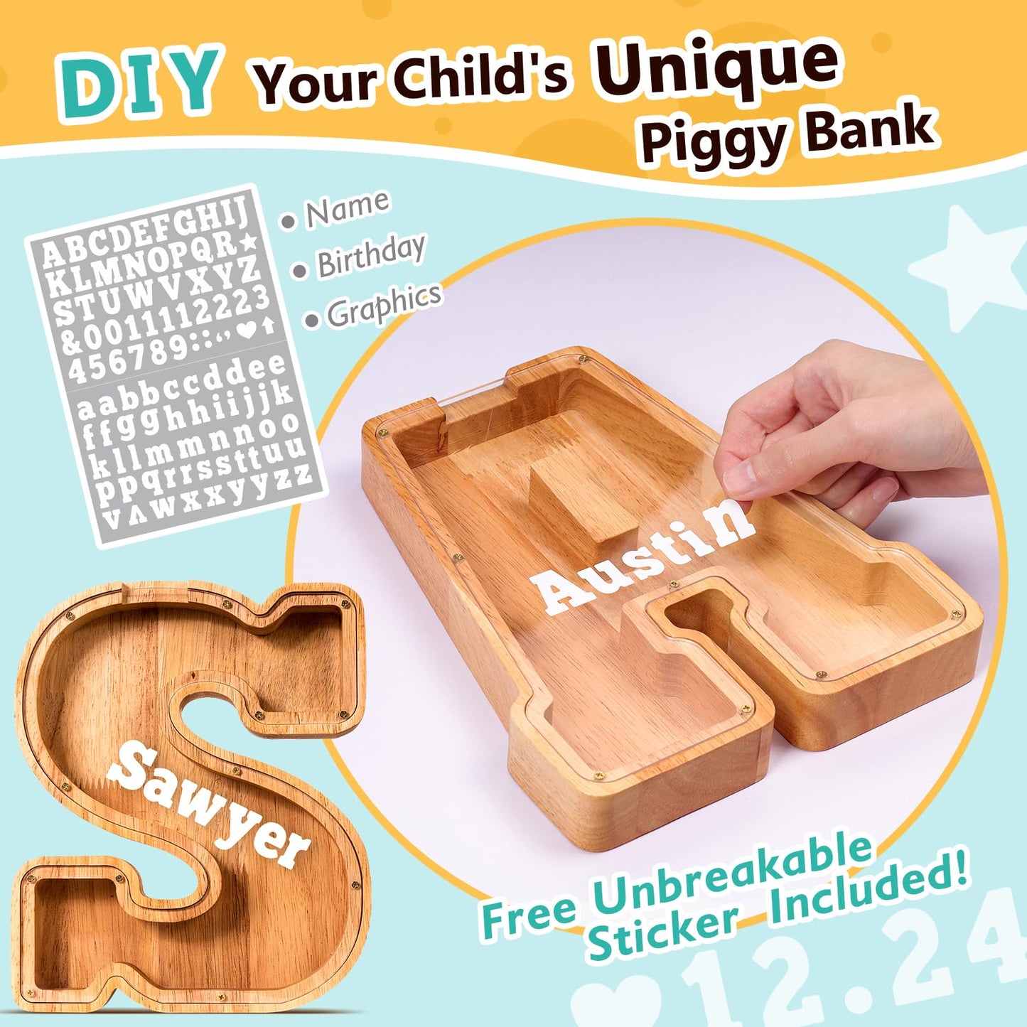 SummiDate Wooden Letter Piggy Bank| Piggy Bank for Boys Girls Toddler| Alphabet S Money Bank| Coin Bank Birthday Gift for Kids|Birthday Gift for Kids (S)