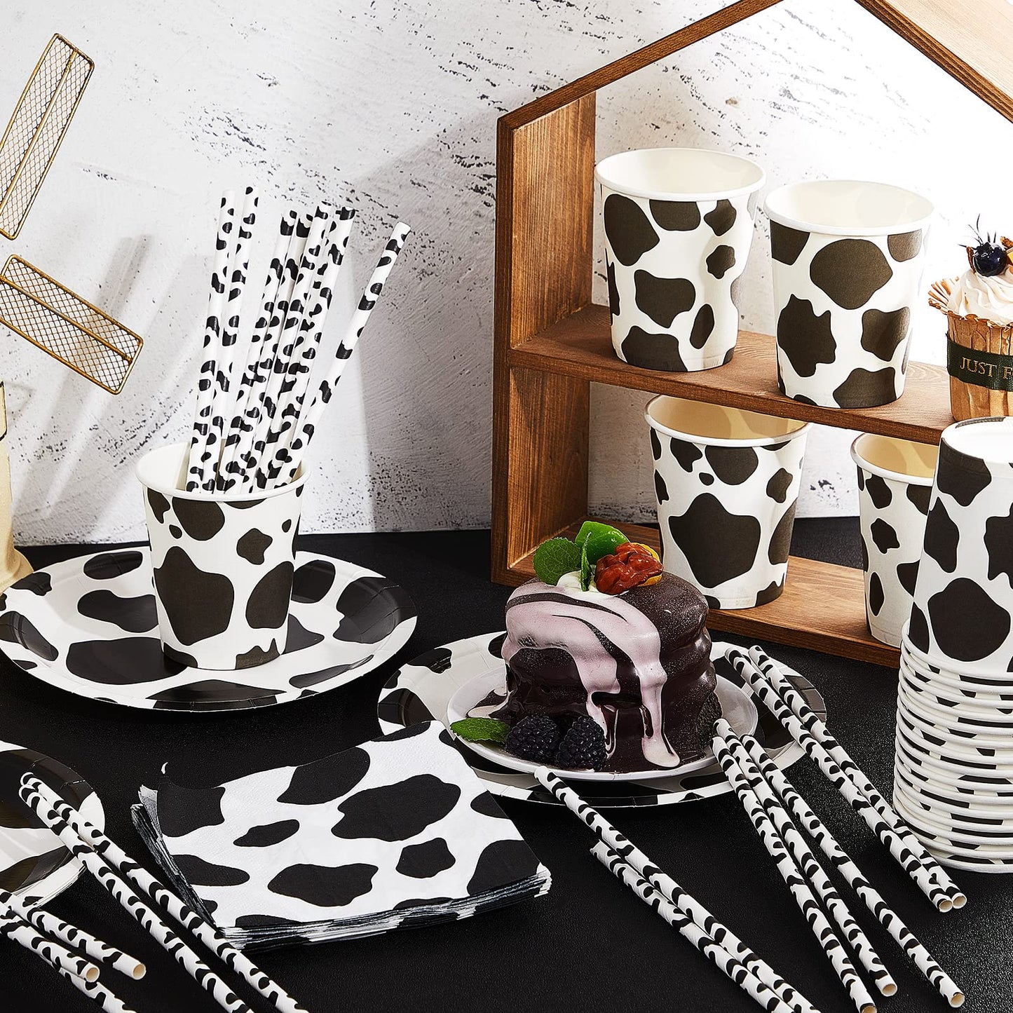Lewtemi 100 Pcs Cow Print Party Supplies Kit, Includes Napkins, Plates, Straws for Farm Theme Birthday Parties