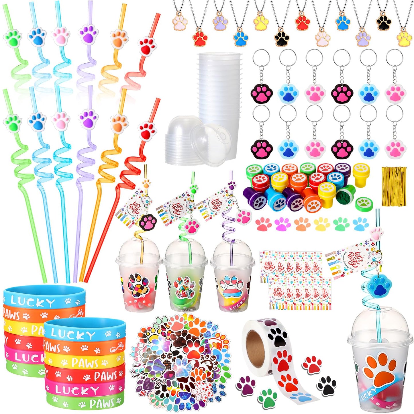 Gejoy 178 Pcs Dog Paw Party Favors, Set Including Straws Cups Silicone Bracelet Keychain Stamper Sticker Pendant Chain Thank You