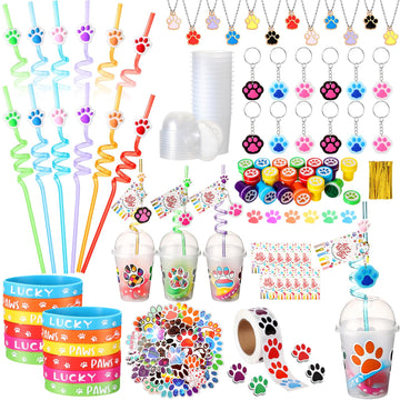 Gejoy 178 Pcs Dog Paw Party Favors, Set Including Straws Cups Silicone Bracelet Keychain Stamper Sticker Pendant Chain Thank You