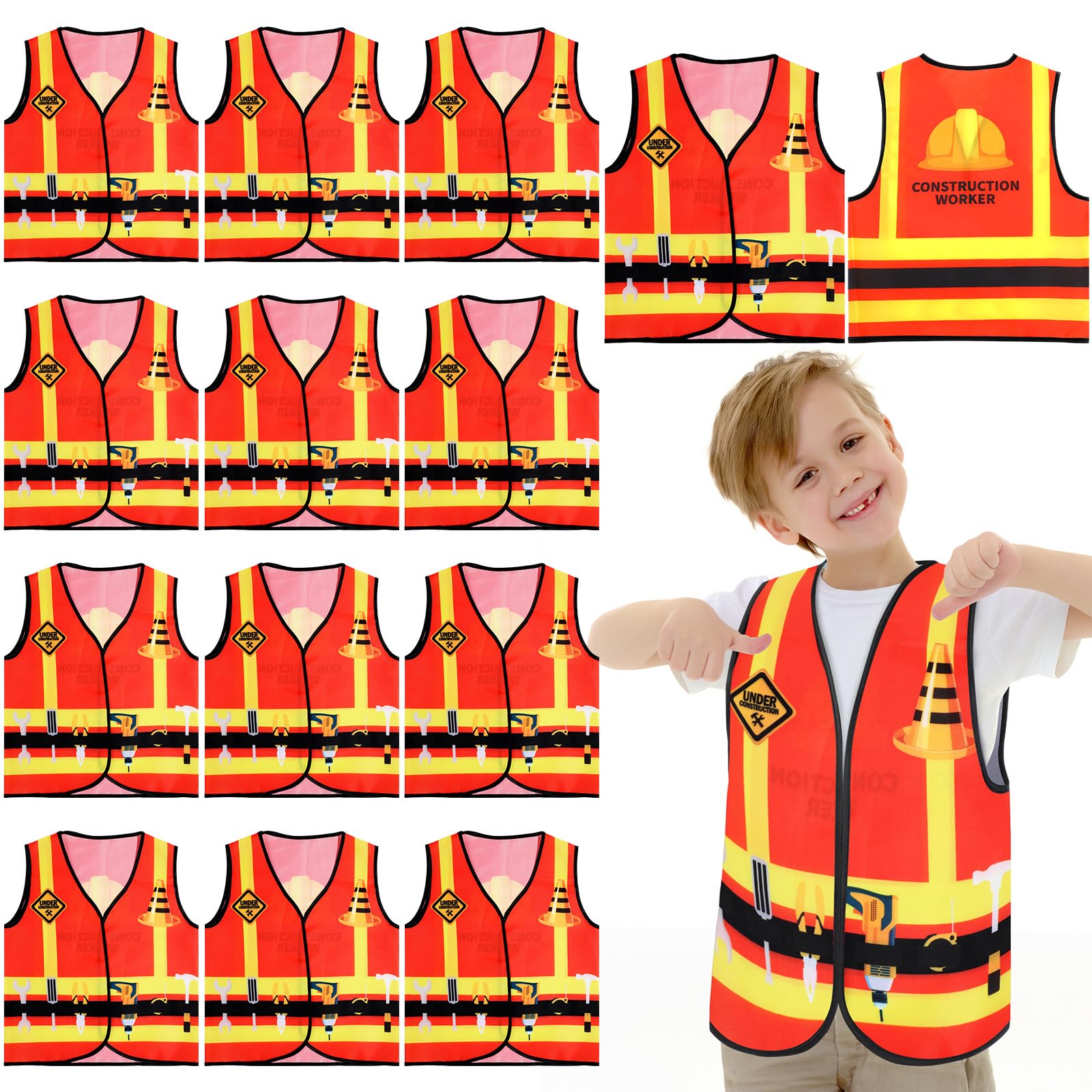 Panitay 12 Pcs Kids Community Helper Dress Up Vest Career Cosplay Cloth Toddlers Occupation Role Play Costume Supplies (Construc
