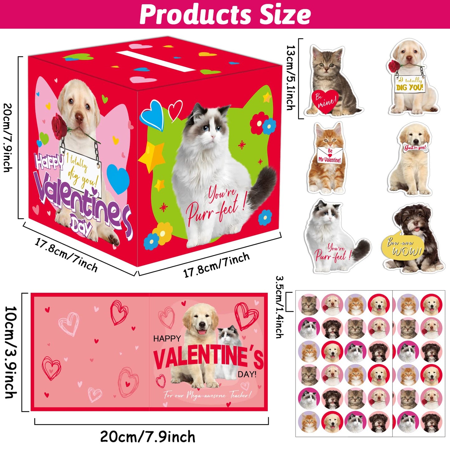 Tevxj 49 Pack Pet Valentine Cards Set - DIY Box for Kids, Classroom, Multi-Color, Cardboard, Model TE0587