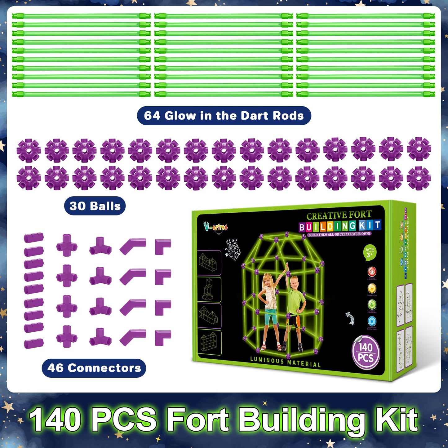 V-Opitos 140 Pack Glow in The Dart Fort Building Kits for Kids Age 4  5  6  7  8+ Years Old  STEM Building Toys for DIY Castles  Tunnels  Ideal Christmas  Birthday Gifts for Boys & Girls