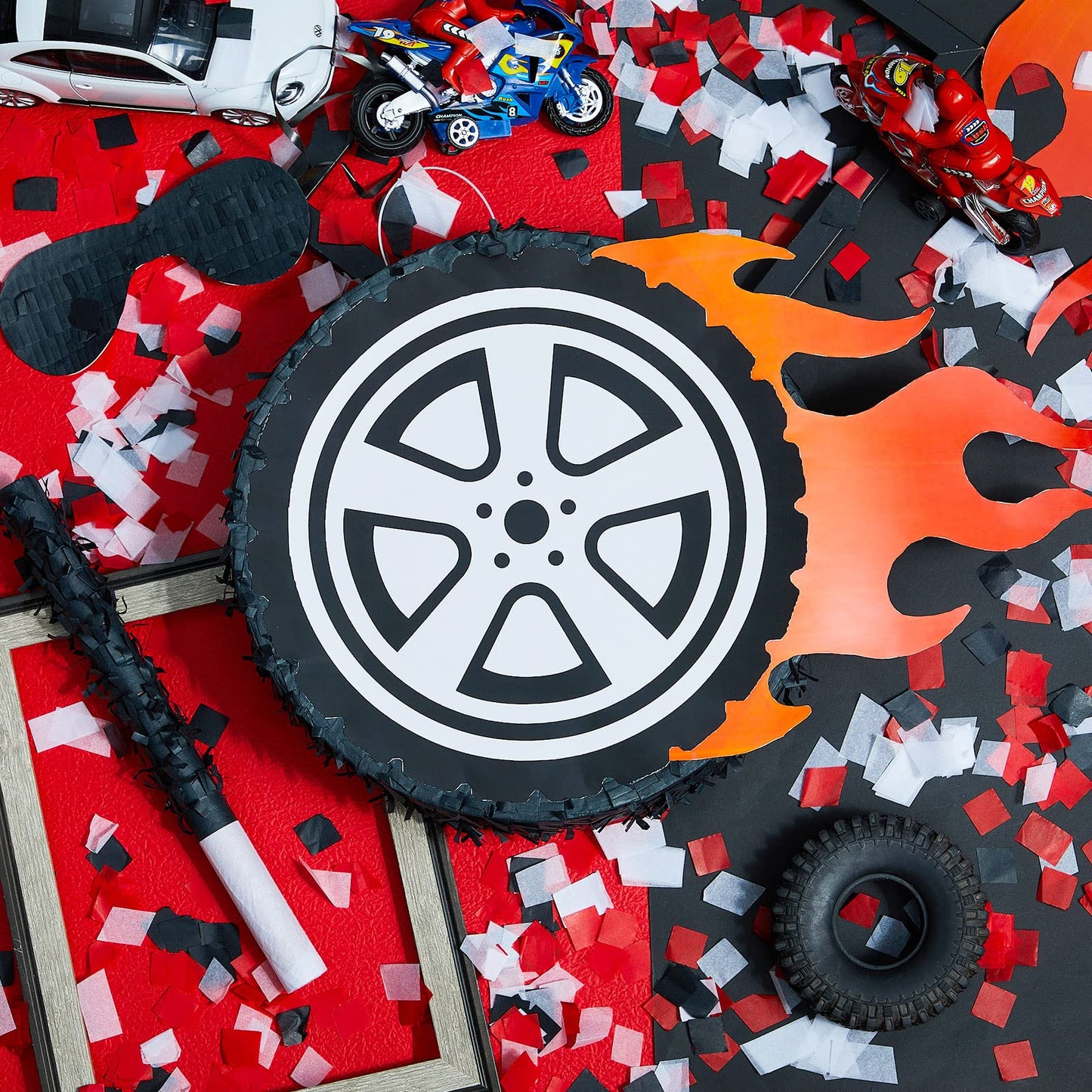 Meooeck Car Wheel Pinata - 12.9" Red Cardboard Race Car Birthday Party Decoration, Baby Shower Supplies