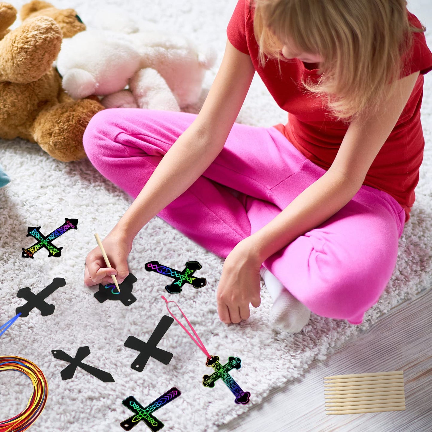 Chivao 200 Pcs Easter Scratch Cross Ornaments Rainbow Color Craft Kit DIY Scratch Paper Christian Gifts for Kids Sunday School C