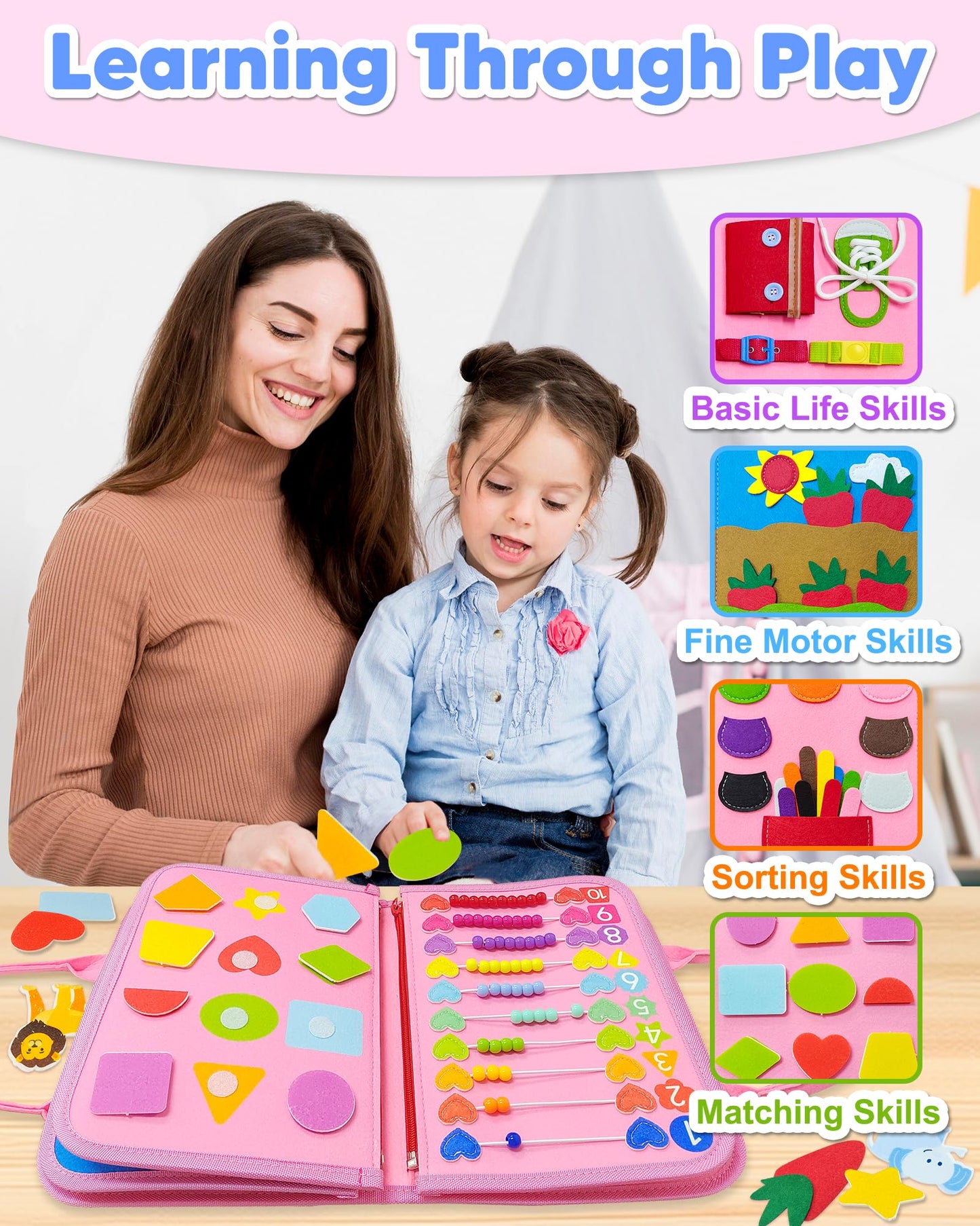 Exorany Busy Board Montessori Toys For 1 2 3 4 Year Old Girl Birthday Gifts, Busy Book Sensory Learning Toys For Toddlers 1-3 2-4, Toddler Girl Travel Educational Activities