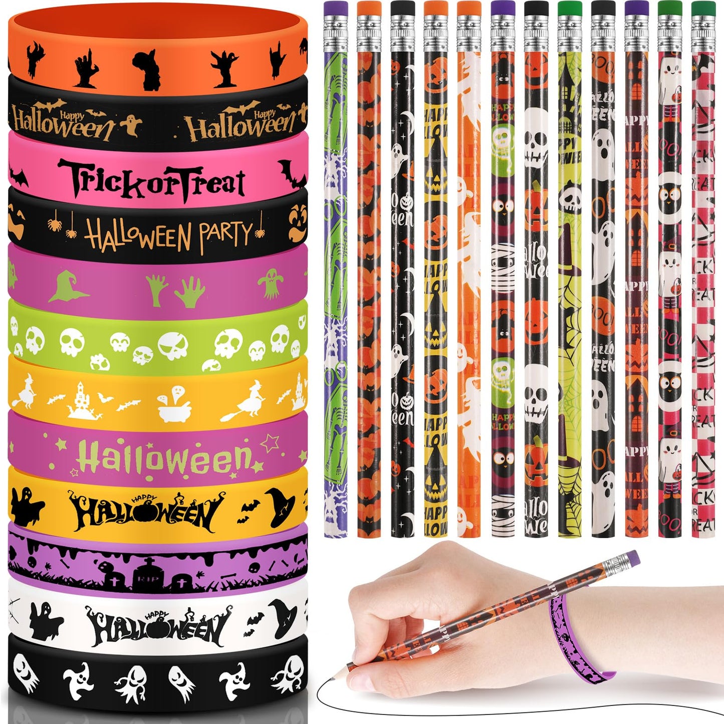 48 Pcs Halloween Pencils Halloween Rubber Bracelets Set Halloween Party Favors for Kids Ghost Pumpkin Skeleton Bat Spider Pencil