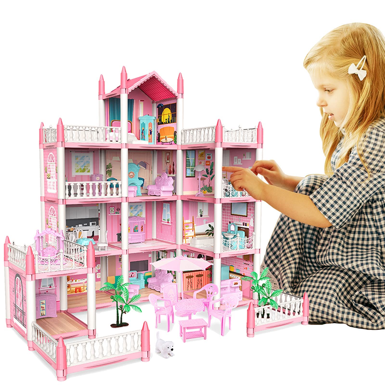 Doll House, Dream Doll House For Girls, 4 Story 11 Rooms Dollhouse With 4 Dolls, Dollhouse Furniture Accessories With Light, Tod