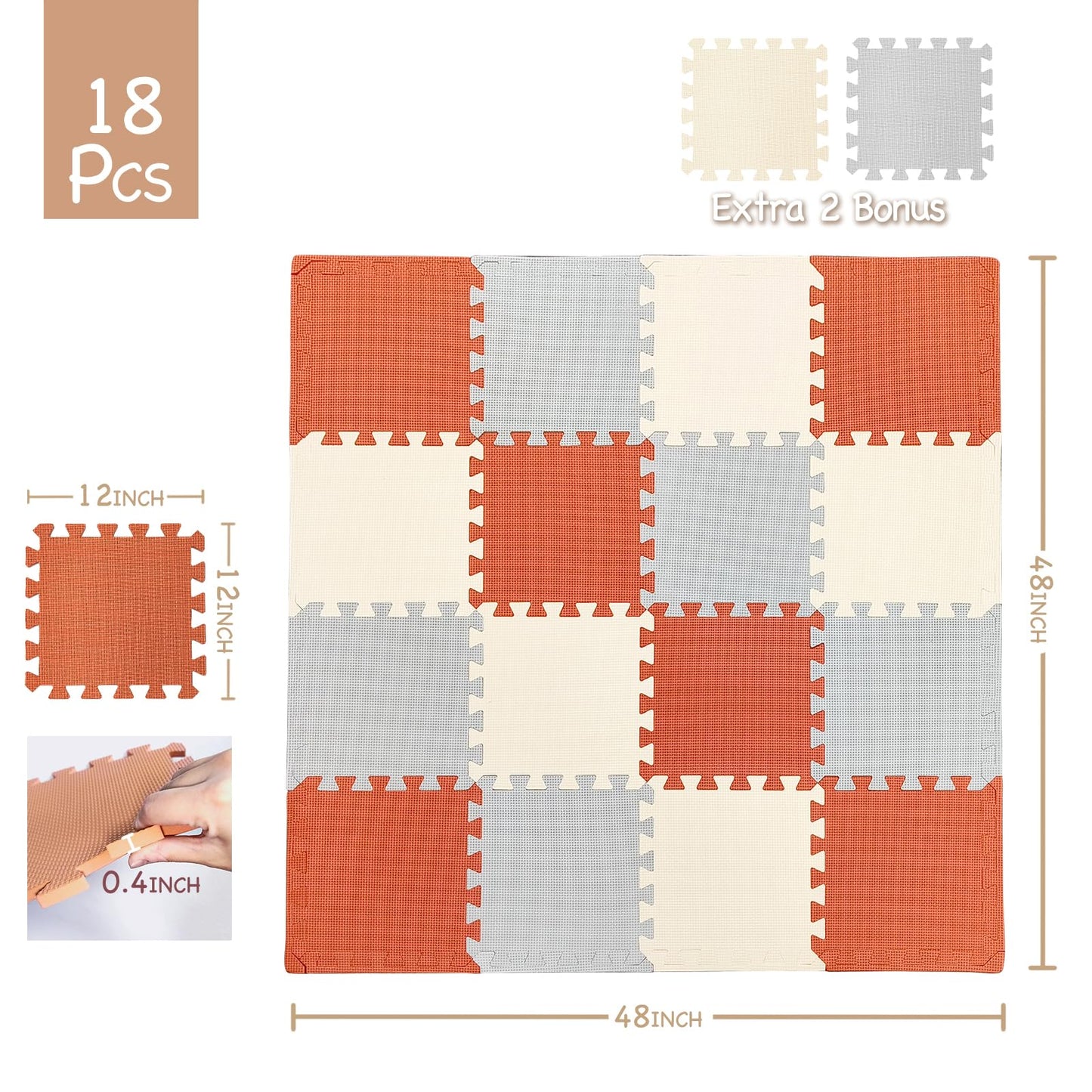 TCBunny Kids Soft EVA Foam Jigsaw Puzzle Play Mat, 18 Interlocking Tiles and Edges Baby Play Mat, for Kids Gym, Nursery, Playroo