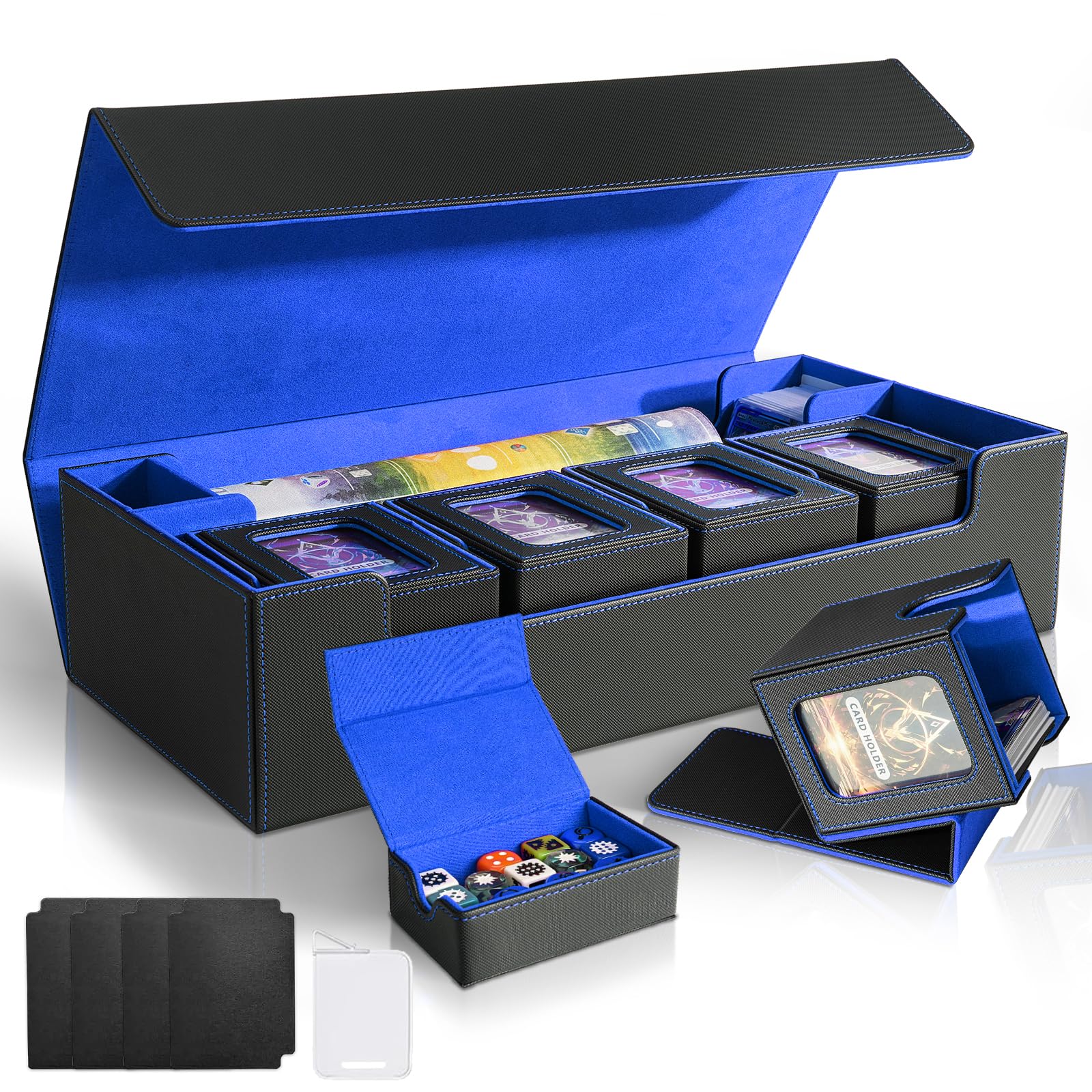 Jaffzora Card Deck Box for MTG Commander  Large 6 in 1 Card Storage Display Case with 5PCS TCG Deck Boxes & Dice Tray  Holds 2400+ Unsleeved Trading Cards (Black&Blue Set)