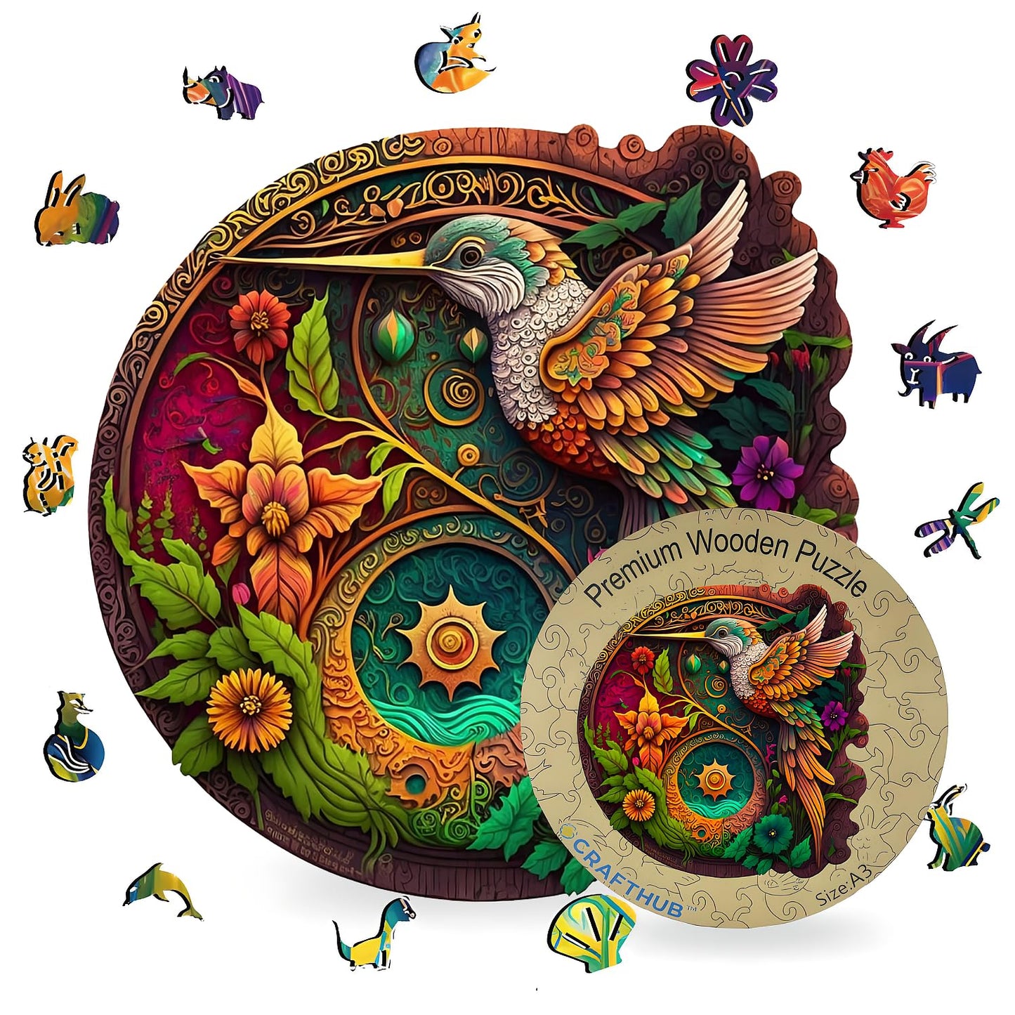 CRAFTHUB Wooden Puzzles for mature-themeds - Nectar Quest Hummingbird Puzzle - Wooden Jigsaw Puzzles  Animal Shaped  Family Games  mature-themed Kids Birthday Gifts  114 Piece  A4 Size  7.7x7.8