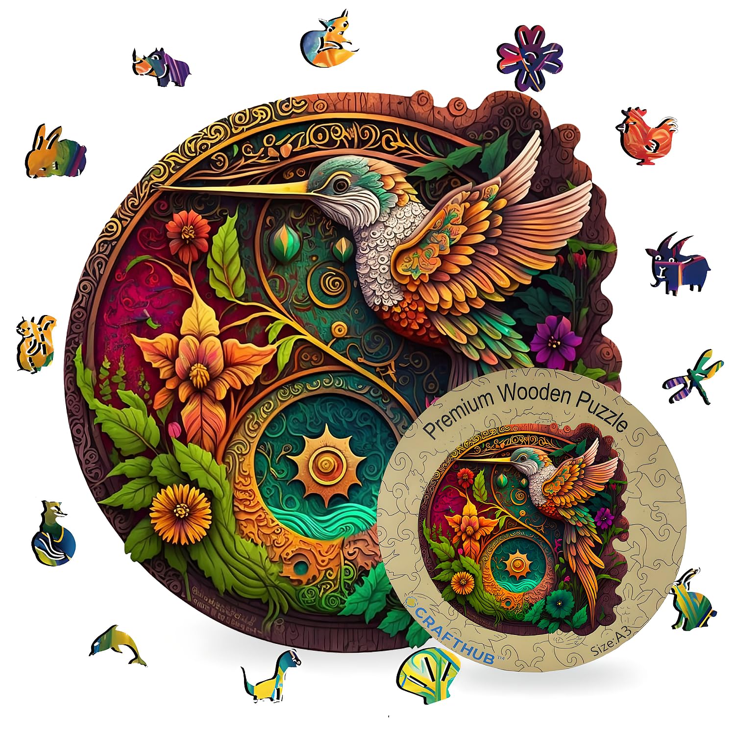 CRAFTHUB Wooden Puzzles for mature-themeds - Nectar Quest Hummingbird Puzzle - Wooden Jigsaw Puzzles  Animal Shaped  Family Games  mature-themed Kids Birthday Gifts  114 Piece  A4 Size  7.7x7.8