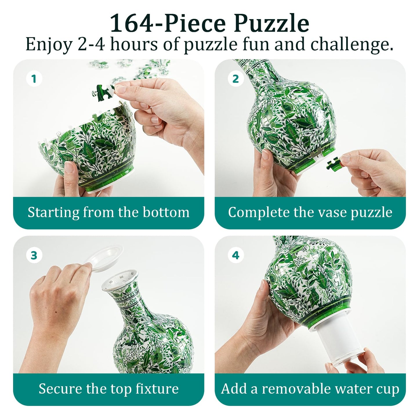 164 Pcs Vase Puzzle  mature-themed 3D Plastic Jigsaw Vase Puzzle  Gift for mature-themeds  for Home Decoration and Flower Arrangement (Green Leaf)