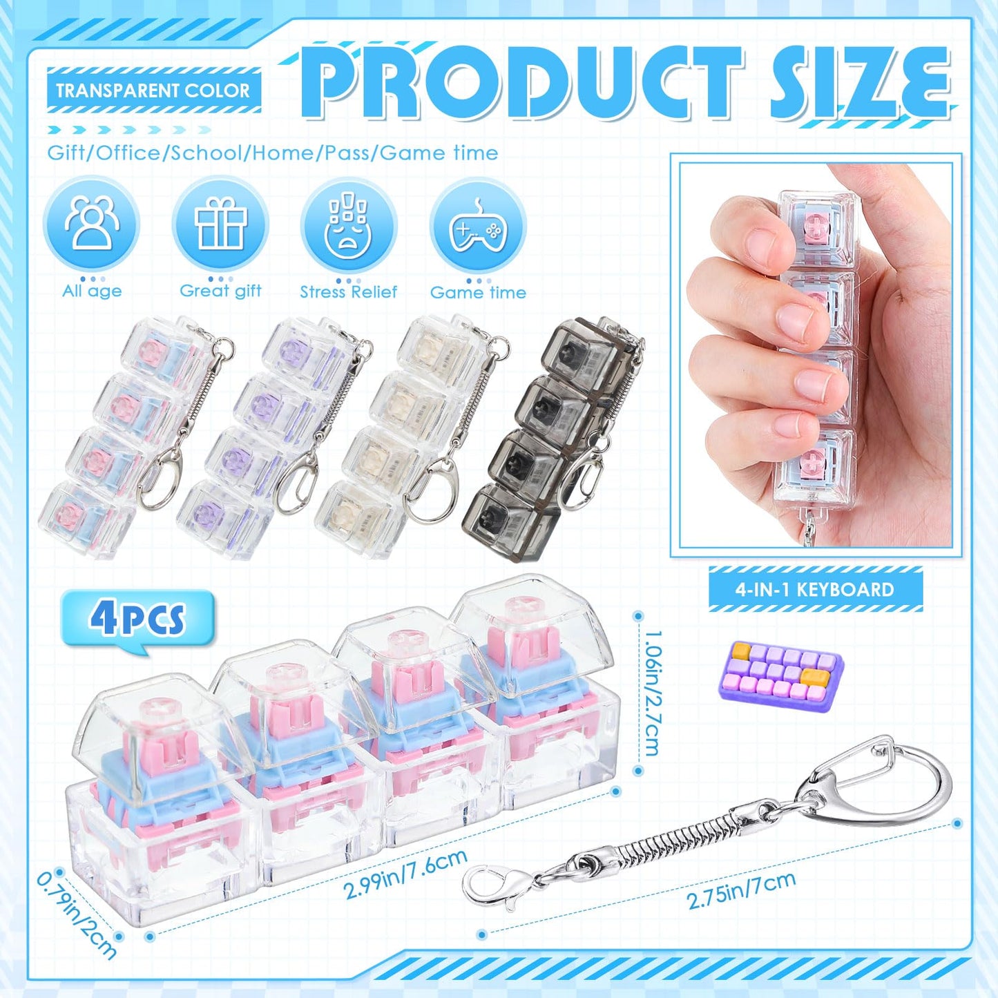 Halloscume 4 Pcs Light Sound Keyboard mature-themed Fidget Toy Clicker Toy 4-in-1 Keyboard Fidget Keychain Cube Mechanical Key Button Clicker Stress Relief Gift for Office School Home (Clear Colors)