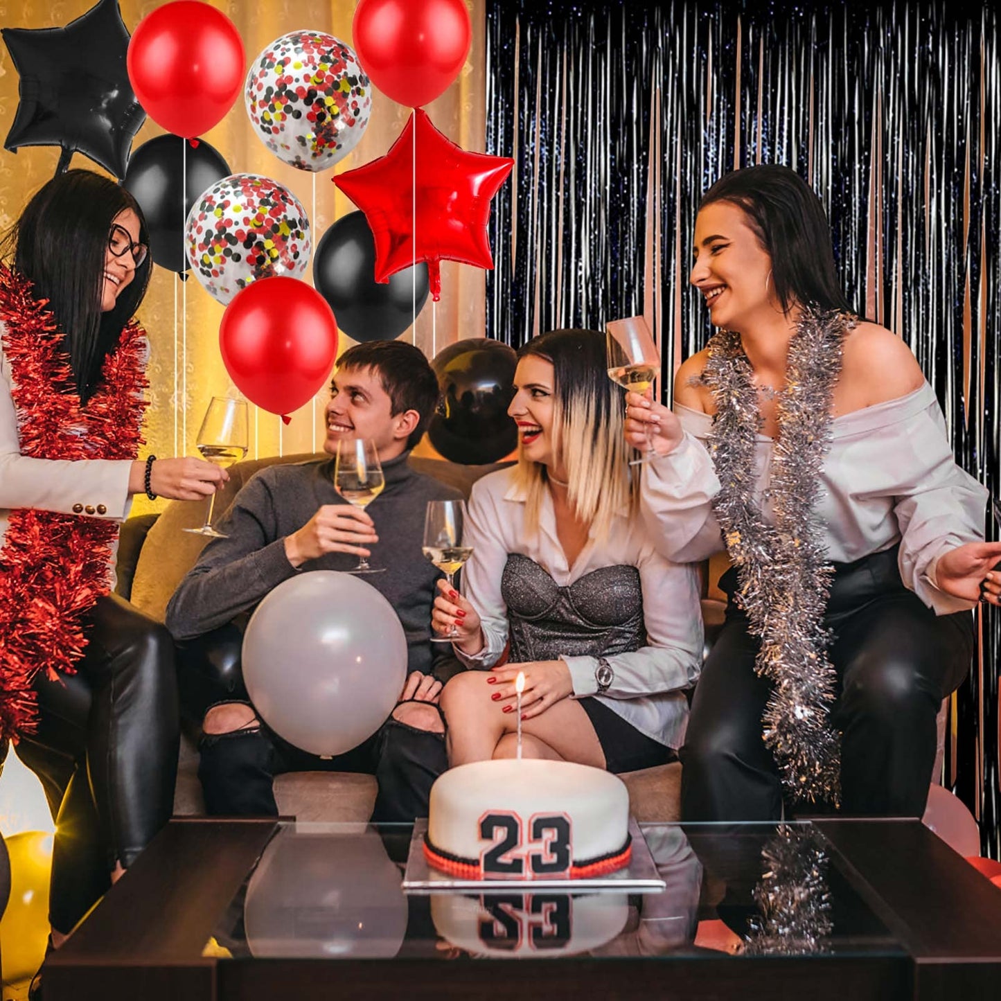 Red Black Birthday Party Decoration Kit - Happy Birthday Banner,Fringed Curtain,Latex Balloon And Confetti Balloons For Girls An