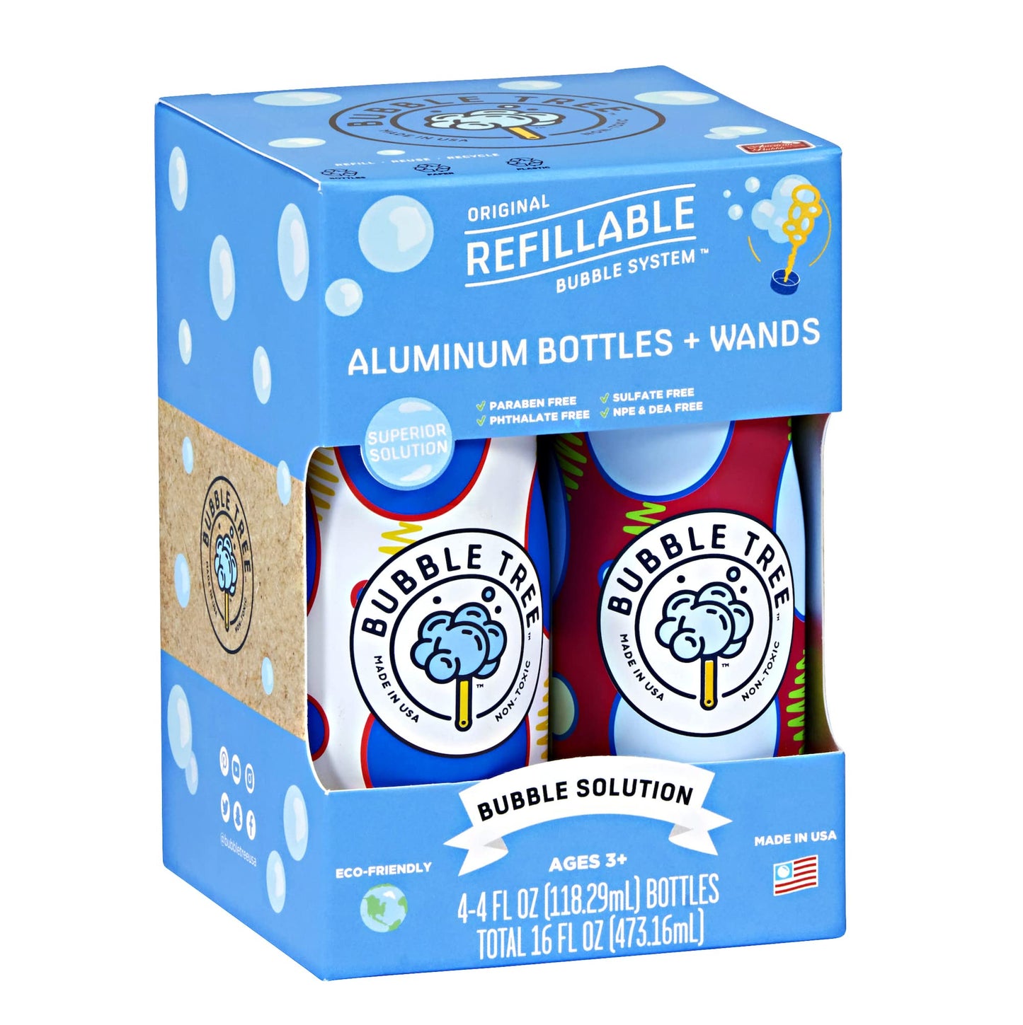 Sustainable Bubble Tree Original Refillable Bubble System Aluminum Bottles (4 Pack Of Bubble Solution Made In The Usa)