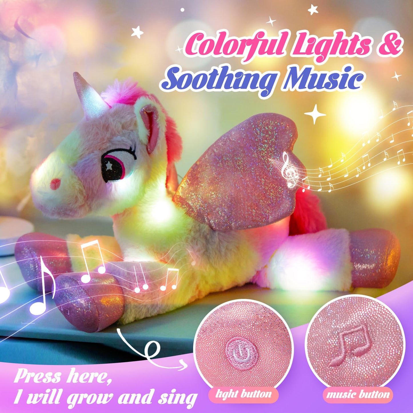 Glow Guards 18' Light Up Musical Rainbow Unicorn Stuffed Animal,Glitter Sequins Unicorn Plush Toy,Children'S Day Birthday Holiday For Girls Toddlers