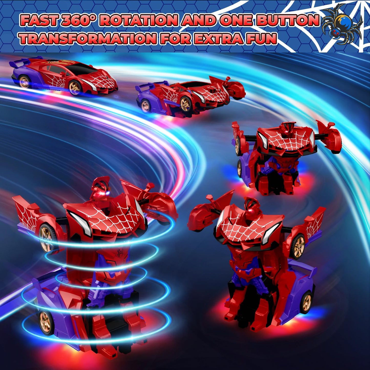 Spider Transform RC Cars Toys with Eye & Underbody Lights, 2.4GHz Remote Control Car One-Button Deformation, Fast 360Rotation Ro