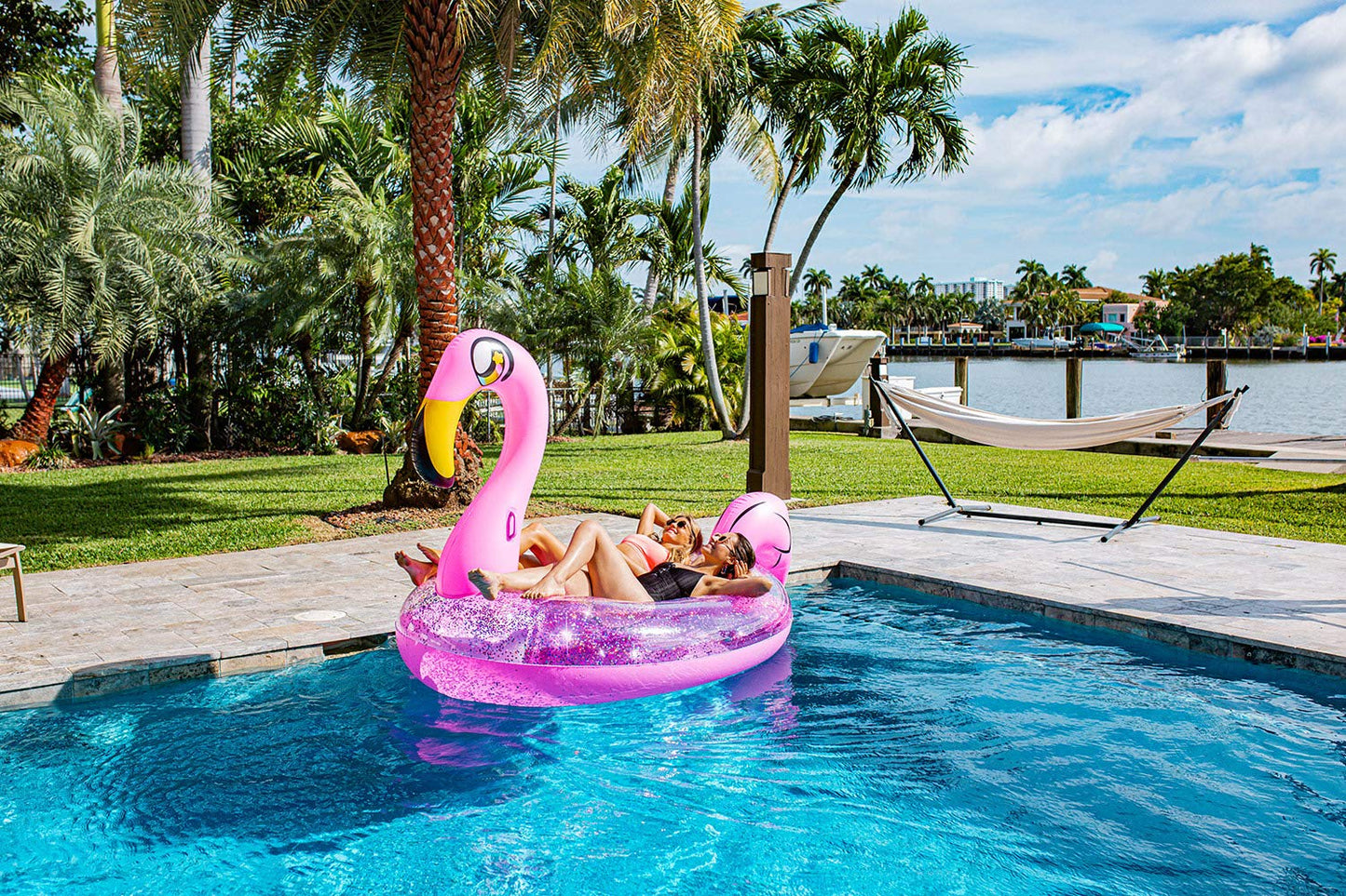 Poolcandy Gigantic Inflatable Pool Raft for 2-3 People, Pink Glitter Flamingo, 3X-Large, PVC Material, Model PC1810GF