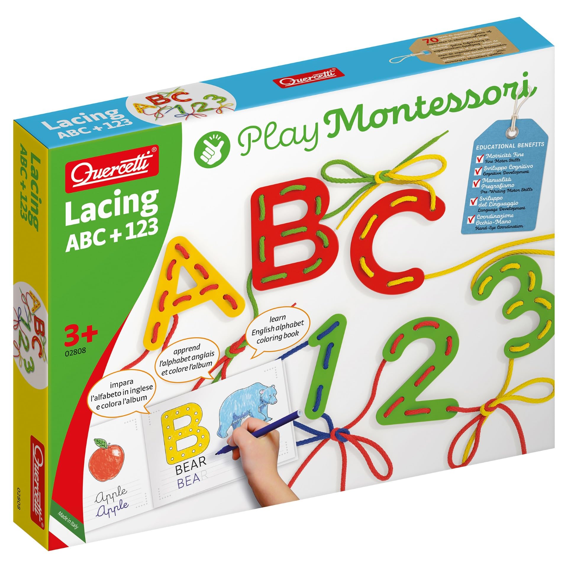 Quercetti Play Montessori Toys - Lacing ABC + 123-53-Piece Set Includes Numbers, Letters, Laces and Coloring Book to Help Kids D