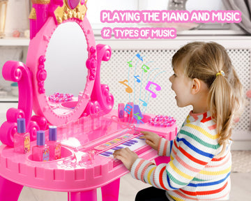 Vanity Makeup Table Toy With Adjustable Mirror, Comfortable Seat, Electronic Organ, Lights, And Music For Little Girls - Spark I