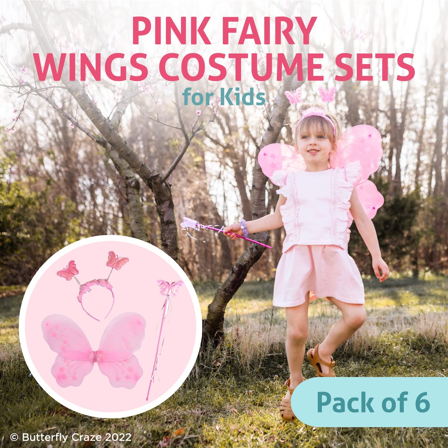 Butterfly Craze Girls' Fairy Wings With Wands And Headbands - Pack Of 6, Costumes And Dress Up Set For Kids Aged 3 And Up, These Accessories Are Perfect As Birthday Party Favors Or Supplies, (Pink)